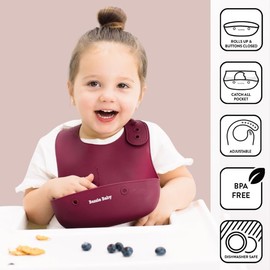 Silicone Baby Feeding Set – Led Weaning Supplies with Suction Plate, Waterproof Bowl with Lid, Bib & Spoon – Baby Feeding Essentials for 6-12 Months, Plates and Utensils Set (Cranberry)