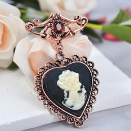 Gyn&Joy Copper Tone Purple Crystal Stone Vintage Victorian Heart Cameo Lady Women Brooch Pin, Metal, rhinestone