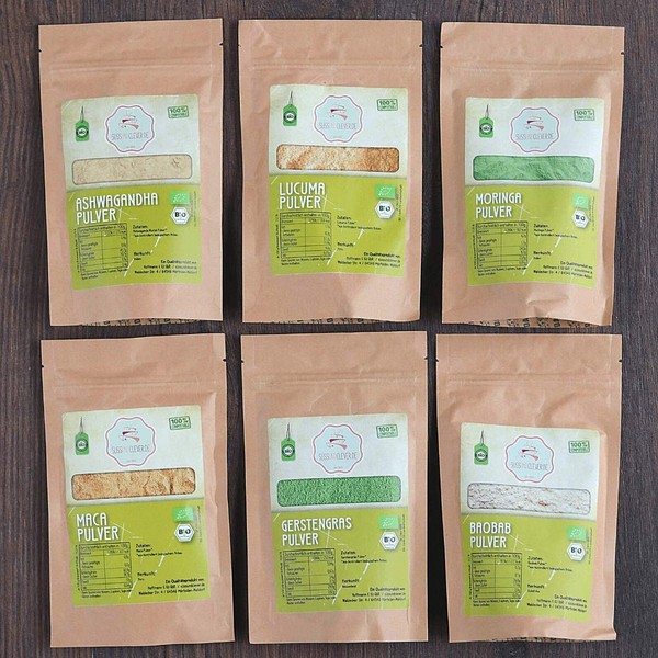süssundclever.de® Organic Set: "Superfood Powder" | 6 x 100 g | Ashwaghanda, Barley Grass, Maca, Lucuma, Baobab, Moringa | Plastic-Free and Ecologically Sustainably Packaged