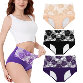 FHTECO High Waisted Underwear for Women Full Coverage Cotton Panties Plus Size Leakproof Briefs Tummy Control Underwear (XL, 3PCS, Black/Beige/Purple)