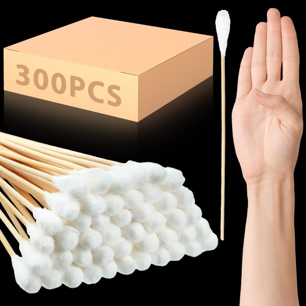 Zhehao 300 Pcs 8 Inch Cotton Swabs Large Cotton Swabs with Bamboo Handle Oversized Extra Long Cotton Tipped Applicators with Large 1/2" Diameter Swab Cotton Ear Swabs for Wound Cleaning, Makeup