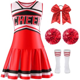 JELEUON Kids Girls Cheerleading Uniform Outfits Dance Dress With Match Pom poms Socks Hair Tie Cheerleader Set