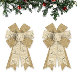 ABTOLS 2PCS Christmas Wreath Bows, Gold Glitter Bows for Wreath Xmas Decor Bow for Front Door Christmas Snowflake Tree Topper Bows for Winter New Year Wall Ornaments Home Indoor Outdoor Decor