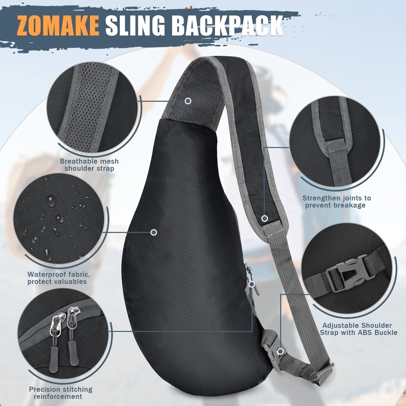 ZOMAKE Sling Backpack 10L - Small Crossbody Backpacks Waterproof Sling