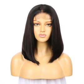 Natural Brown Black 100% Human Hair 4-4 Lace Closure Women Wig, 14 Inch Short Shoulder length Bob Style Brazillian Hair 150% Density With Baby Hair,Hand Made Wig