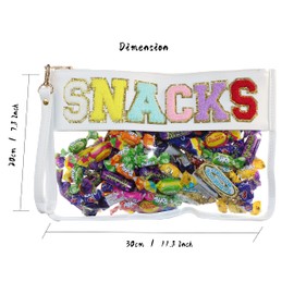 Oufegm Bolsa transparente de chenilla con monograma para maquillaje, bolsa de viaje para estadio, bolsa de aperitivos, bolsa de playa transparente para cosméticos y artículos de cambiador, bolsa de viaje transparente, Bocadillo blanco