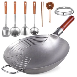 Carbon Steel Wok Traditional Hand Hammered - 13.4" Chinese Woks Round Bottom Wok Pan Set with 8 Pcs Cookware Accessories