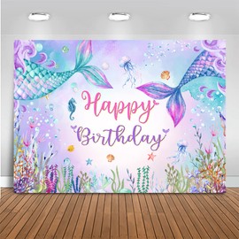 Mocsicka 7x5ft Mermaid Birthday Backdrop Under The Sea Birthday Party Decoration for Girl Blue Purple Mermaid Tails Photography Background (7x5ft(82x60 inch))
