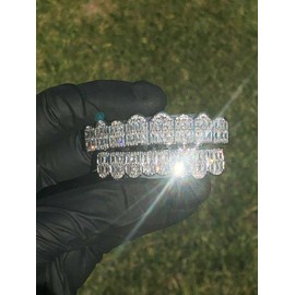 14k Baguette Set 8 teeth White Joker Gold Grillz for Mouth Top Hip Hop Teeth Diamond Grills for Teeth Mouth Grillz for Mouth Top Bottom Hip Hop 8 Teeth Grills for Teeth Mouth Set - Teeth Cap