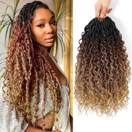 PORSMEER 6 Packs Curly Goddess Faux Locs Crochet Hair for Women, 18 Inch Goddess Locs Crochet Hair Hippie Locs Synthetic Braids, Boho Hair Extensions (T1B/30#/27#)