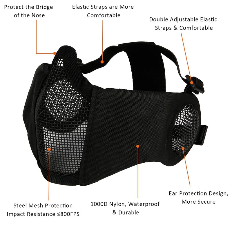 AOUTACC Half Face Airsoft Mesh Mask and Cap Set, Tactical