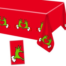 AFZMON 1 Pack Christmas Tablecloth, Christmas Disposable Plastic Christmas Party Tablecloth Table Decorations, Red and Green Xmas Disposable Table Cover for Holiday Christmas Party Supplies