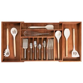 KitchenEdge Premium Silverware, Flatware and Utensil Organizer for Kitchen Drawers, Expandable 19 to 33 Inches Wide, 11 Compartments, Food-Safe Premium Acacia Wood Finish Kitchen Storage Tray