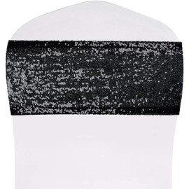 SquarePie Pack of 10 Sequin Chair Sashes Glitter Black Bows Bands for Wedding Banquet Party Decor