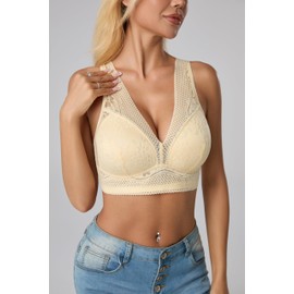 Wireless Daisy Bras for Older Women No Underwire Lace Bralettes Comfort Push Up Bras(Apricot,XL)