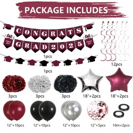 Burgundy Graduation Decorations, 2025 Congrats Maroon Banner Burgundy Black Silver Paper Pompoms Hanging Swirl Star Foil Balloons for College School Graduations Party Decorations