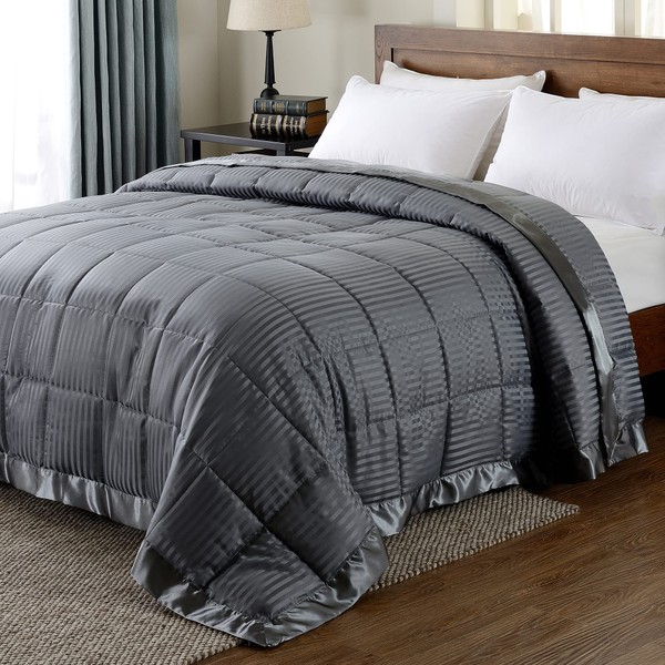 downluxe King Size Blanket, Lightweight Down Alternative Blanket with Satin Trim (90 X 108 Inch, Grey)
