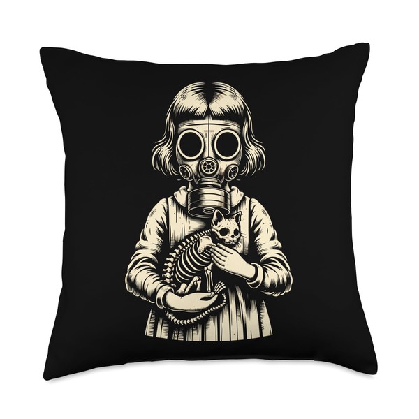 Creepy Girl Wearing Gas Mask and Holding a Cat Skeleton