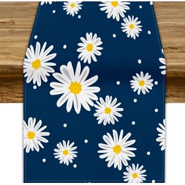 White Daisy Floral Table Runner, Abstract Cartoon Cute Blue White Flowers Print Table Runner for Home Kitchen Dining Table Wedding Party Decor, 13x36inch