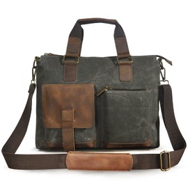 Le'aokuu Mens Canvas and Genuine Leather Business Briefcase Waterproof Travel Laptop Case Handles Shoulder Messenger Bag 260 (Green)