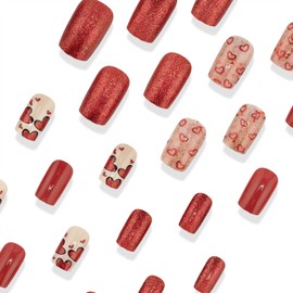 Red Glitter Heart Press on Nails Romantic Valentine's Day Fake Nails Medium Square Acrylic Glue on Nails Glossy Valentines Stick on Nails for Women DIY Manicure