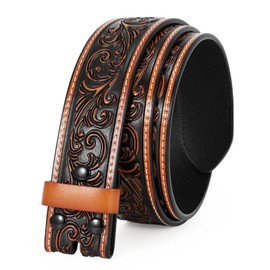 TRIWORKS Western Belt Strap for Men without Buckle 1.5" Wide Floral Engraved Embossed Leather Belt Strap,L-Brown