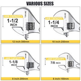 Topline 4-Piece Adjustable Wrench Set with Bi-Material Handles, 12-in, 10-in, 8-in, 6-in, Steel, TPR, Perfect for Basic Home Maintenance and General Applications