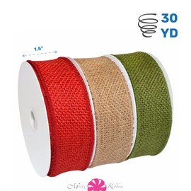 Morex Natural Burlap Wired Ribbon for Decorations, Holidays, Parties, Home and Outdoor Decor, 1.5" x 30 Yd, Natural/Green/Red