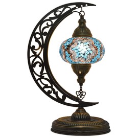 mozaist Turkish Lamp, Unique Lamps, Moon Shaped Mosaic Table Lamp, Moroccan Handmade Antique Bohemian Vintage Lamp Shade, Tiffany Desk Bedside Stained Glass Lamp with US Plug and E12 Socket
