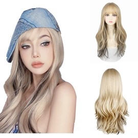 URCGTSA 22 Inches long Wavy Hair Wig for Women Blonde Black Synthetic Hair Natural Curly Wig With Air Bangs Party Cosplay Wig for Girl (Cream with black)