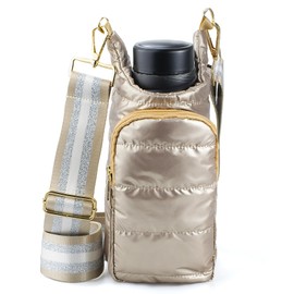 KAMEILONG Puffer Water Bottle Holder Quilted Hydrobag Sports Pouch Bag with Adjustable Shoulder Strap Flask Sling Bag, Gold, Crossbody Bag