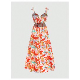 SOLY HUX Women's Floral Print Cut Out Dress Tie Shoulder Sleeveless Boho Vacation Long Flowy Dresses Burnt Orange Small