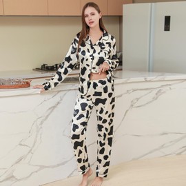 RuanMM Womens satin pajamas set Long Sleepwear 2-Piece Silky Nightwear Button Pj Sets |Cow white-S