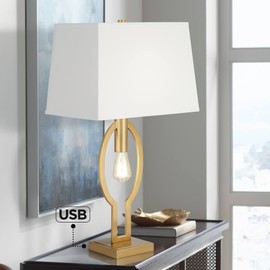 Possini Euro Design Ella Modern Glam Table Lamp with USB Charging Port and Nightlight LED Open 29" Tall Brass Metal White Rectangular Shade Living Room Bedroom House Bedside Nightstand Home Office
