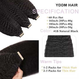 YDDM Kinky Straight Tape In Hair Extensions 16''+18''+20'' Tape In Hair Extensions Human Hair Black Women Tape In Hair Extensions Human Hair Kinky Straight Tape In Extension 60pcs 130g, Natural Black