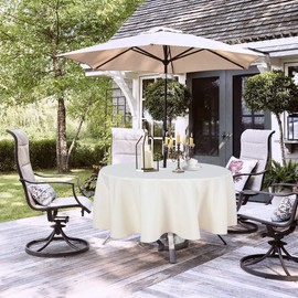 LUSHVIDA Round Outdoor Tablecloth with Umbrella Hole and Zipper, 60 Inch Beige, Washable Waterproof Table Cloth Spill Proof Wrinkle Free Table Cover for Patio Spring Summer Picnic BBQS