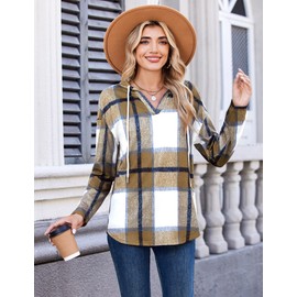 Zeagoo Womens Hoodies for Women Oversized Drawstring V Neck Casual Lightweight Sweatshirt Hooded Clothes Brown Plaid L