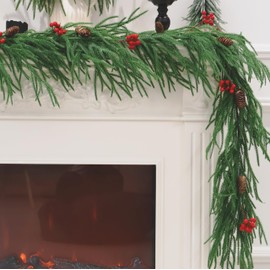 9FT Christmas Garland Real Touch Norfolk Pine Garland Faux Realistic Greenery Garland with Pine Cones and Berries for Mantle Fireplace Stairs Indoor Outdoor Decoration