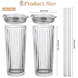 UHAPEER 18oz Ribbed Glass Tumbler with Lid and Straw Set of 2: Leak-Proof Drinking Glasses to Go, Reusable Iced Coffee Cups for Cold Drinks, Juice, Smoothie, Glass Cups with Stylish Ribbed Design