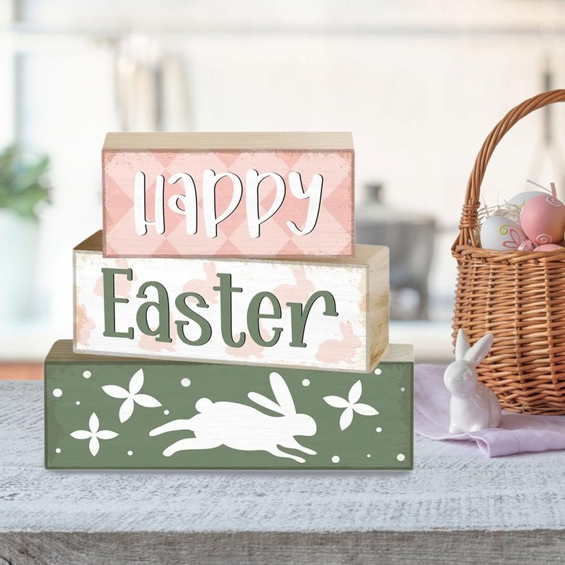 Fenteer 3 Pieces Wooden Easter Table Blocks Easter Tabletop Decorations