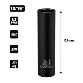 CASOMAN 1/2-Inch Drive Extra Deep Socket (15/16"), CR-MO, SAE, 6-Point, Extra Long
