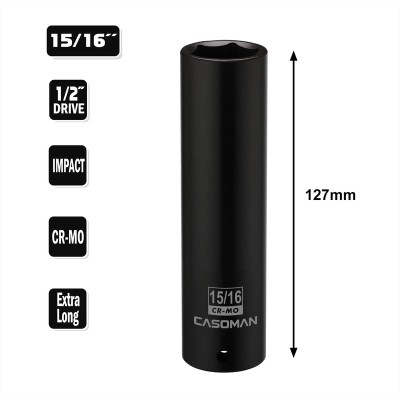 CASOMAN 1/2-Inch Drive Extra Deep Socket (15/16"), CR-MO, SAE, 6-Point,