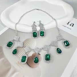Elegant Rectangle CZ Beaded Long Dangle Drop Earrings Vintage Indian Teardrop Choker Necklace Set for Women Silver Plated Fashion Boho Antique Bolloywood Jewelry (Green)