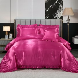 Herside Satin Hot Pink Ruffle Comforter Set with Sheet Set Queen Size,8 Pieces Ruched Pleated Comforter Silk Like Satin Bedding Set,Soft Smooth Luxury Silky Quilt Set with 1 Cushion Cover All Season