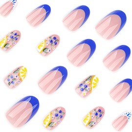 24Pcs Blue French Tip Press on Nails Almond Short Fake Nails Cute Blueberries Lemon Nail Designs Flower Fruit Glue on Nails Reusable Glossy Acrylic False Nails Full Cover Stick on Nails for Women