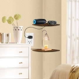 JJL Corner Shelves, 12 Inch Deep Corner Shelf Wall Mounted with Wire Hole, 4 Tier Circular arc Corner Hanging Shelving for Wall Storage, for Speaker, Cable Box, Rust Brown