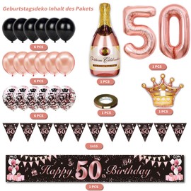 50th Birthday Woman Decoration, Magiccute Birthday Decoration Women Long Happy Birthday Banner Garland Bunting and Black Rose Gold Confetti Balloons Decoration Set
