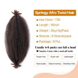 Marley Twist Braiding Hair 16 Inch Springy Afro Twist Hair 8 Packs Spring Twist Hair Afro Twist Hair Synthetic Wrapping Hair for Marley Hair Soft Locs(16 Inch,T30)