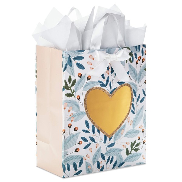 Hallmark 13" Large Gift Bag with Tissue Paper (Green Foliage, Gold Heart) for Weddings, Engagements, Anniversaries, Bridal Showers, Christmas, Valentine's Day (0005WDB1166)