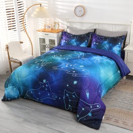 Wowelife Galaxy Bedding Twin Comforter Set for Boys and Girls 5 Pieces Cat Galaxy Comforter Set Outer Space Twin Bedding Set with Sheets Comfortable and Breathable for Kids